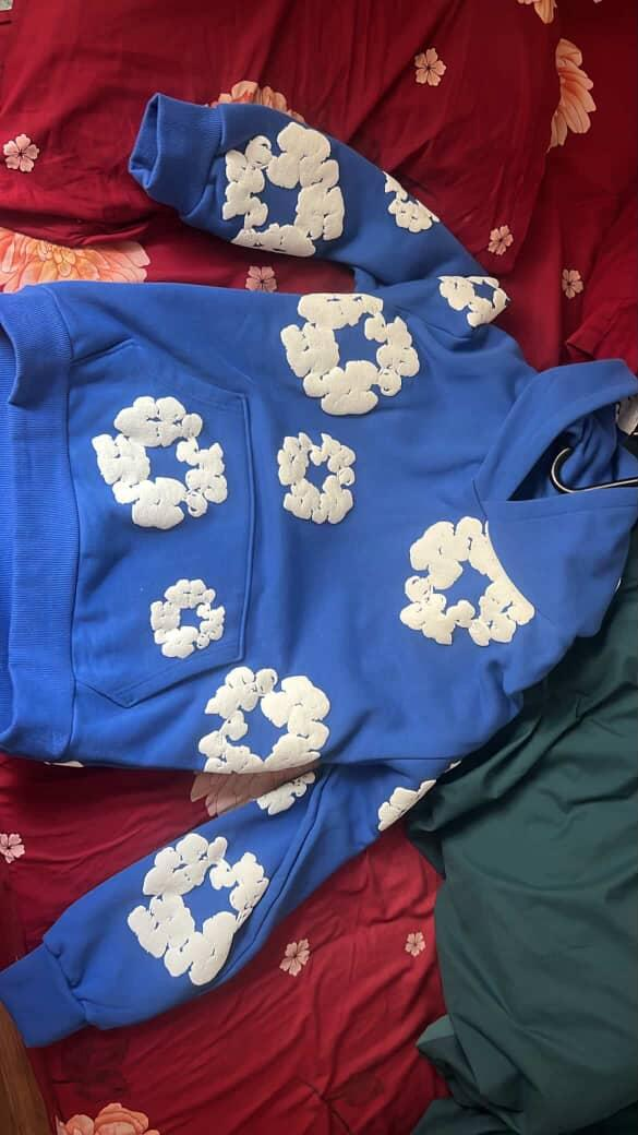 Blue danim tears Hoodie with White Cloud Design