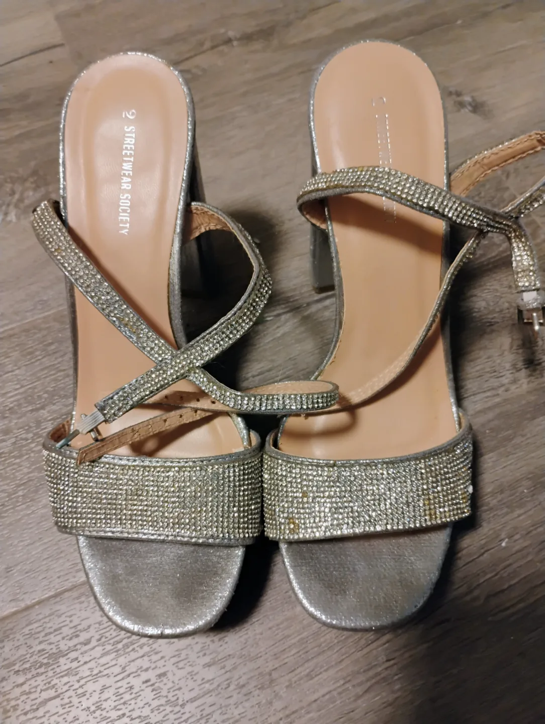 Silver Rhinestone Block Heel Sandals thumbnail