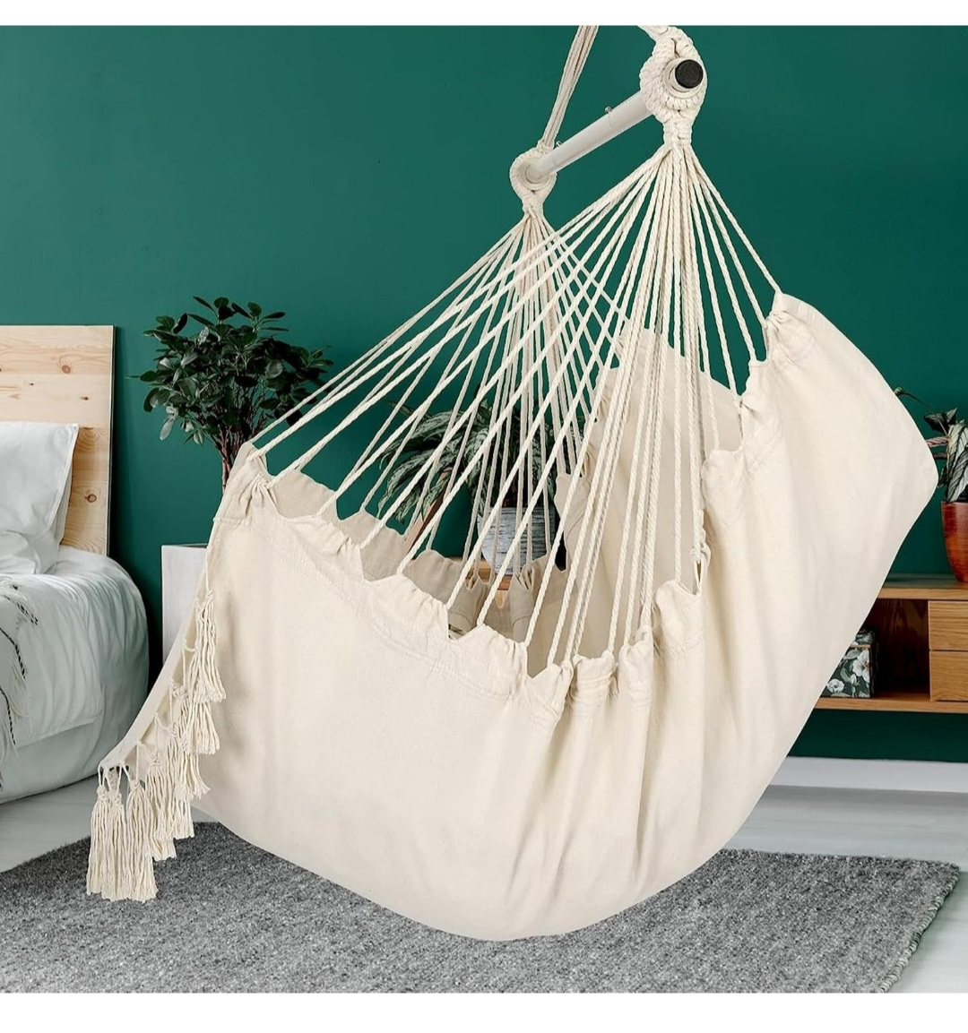 Cream Hanging Hammock Chair with Pillow and Tassels - photo 2
