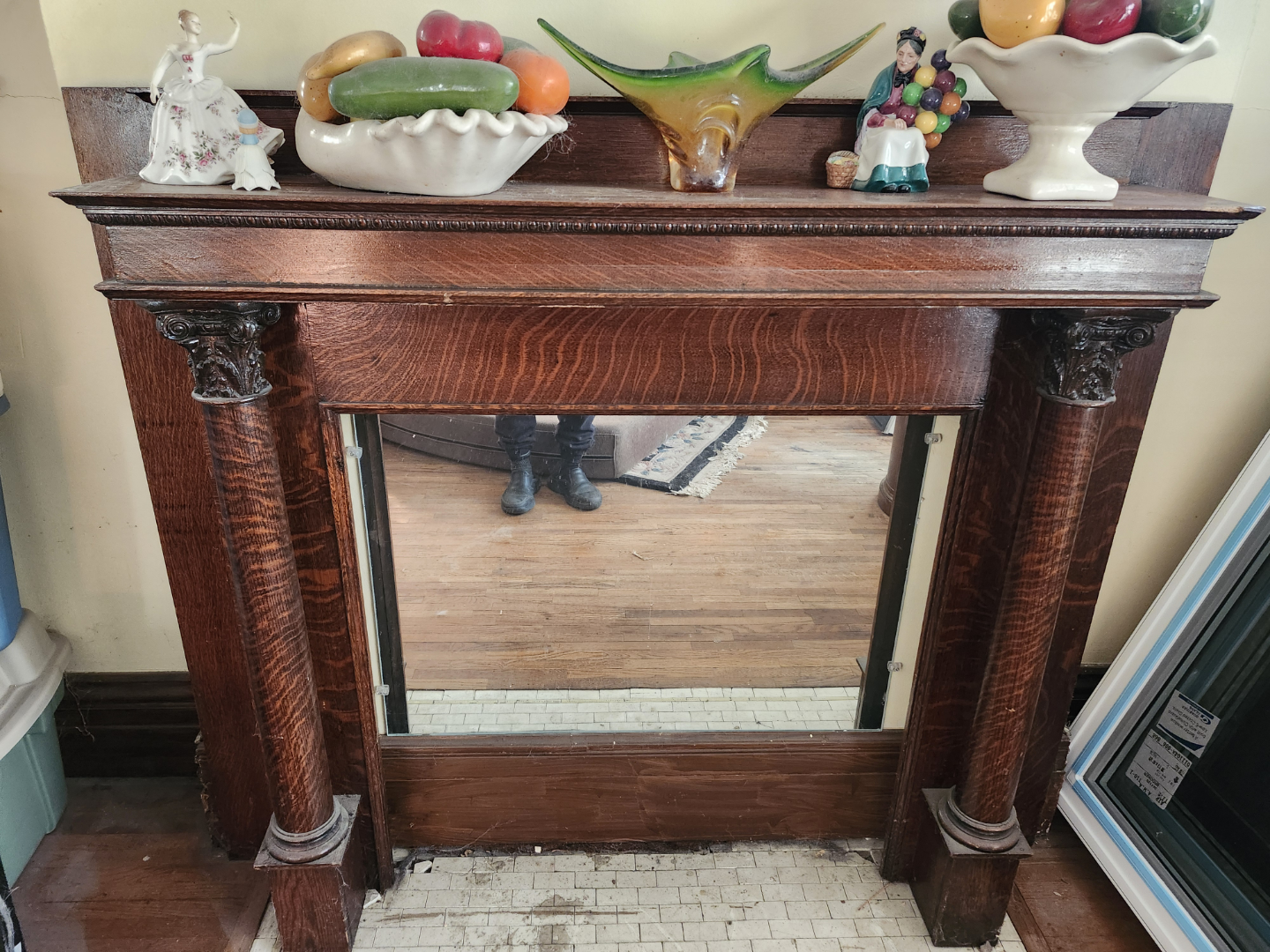 Antique Oak Fireplace Mantel with Mirror
