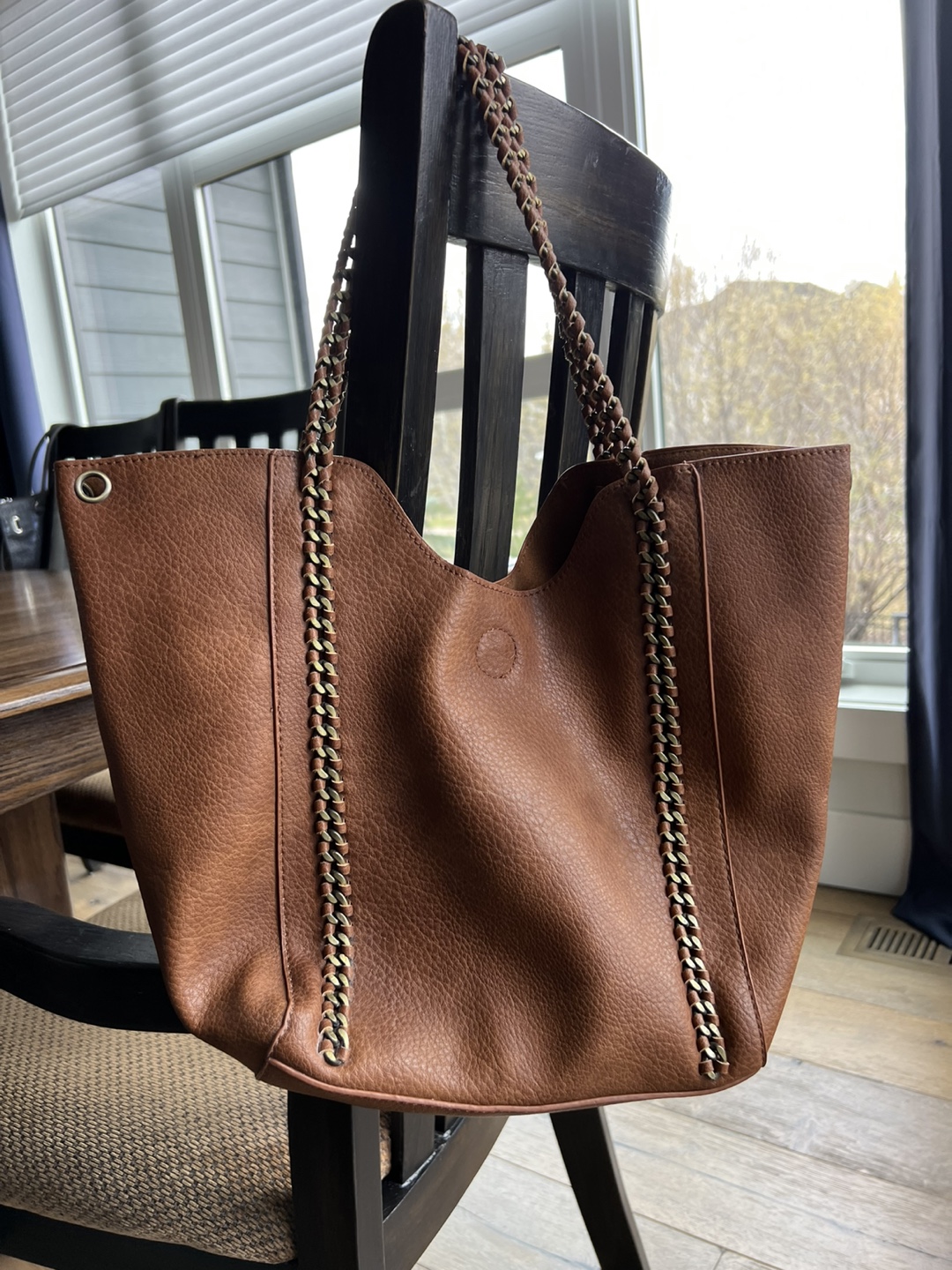 Brown Leather Tote Bag with Chain Detail