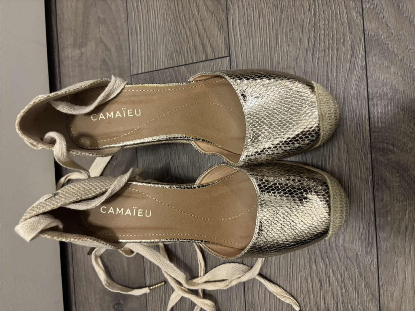 Gold Espadrille Wedges with Lace-Up Detail