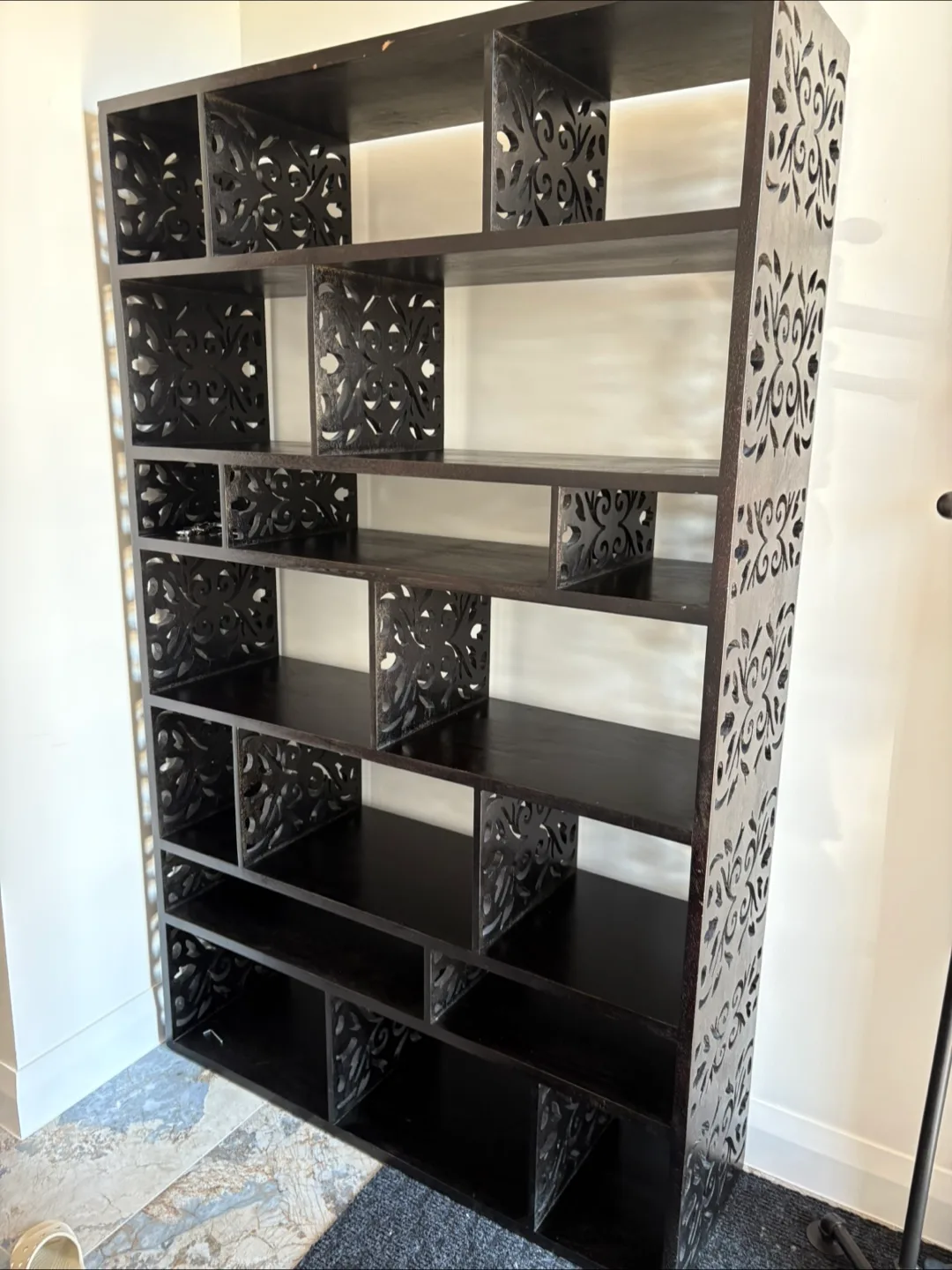 Large Black carved asymmetrical bookshelf image indicator(6)