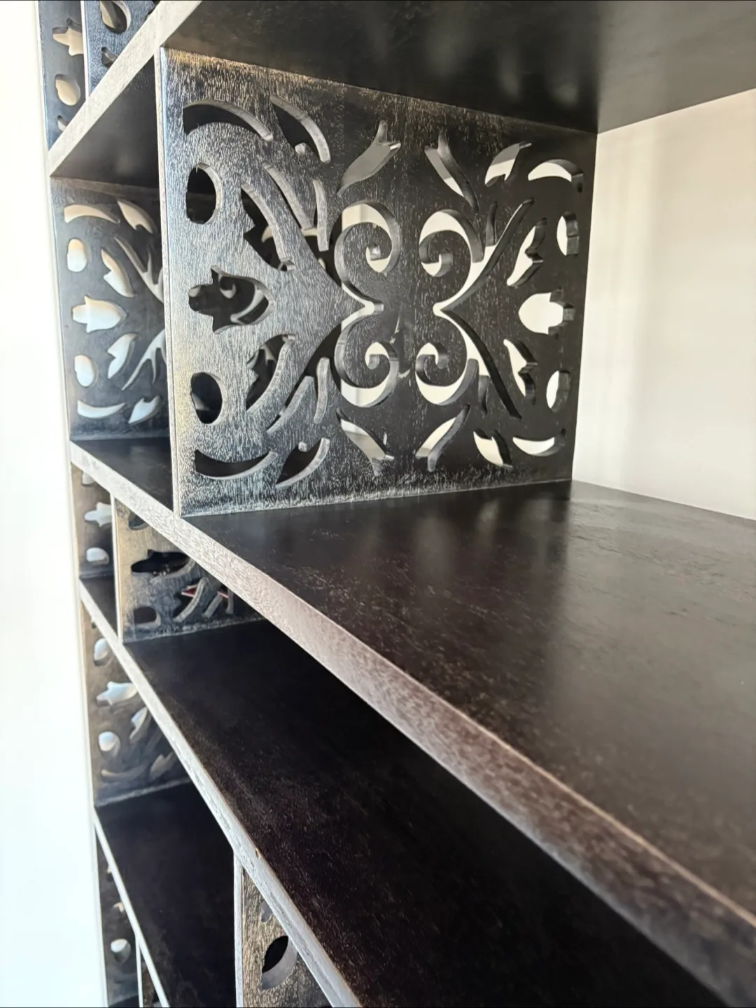 Large Black carved asymmetrical bookshelf image indicator(8)