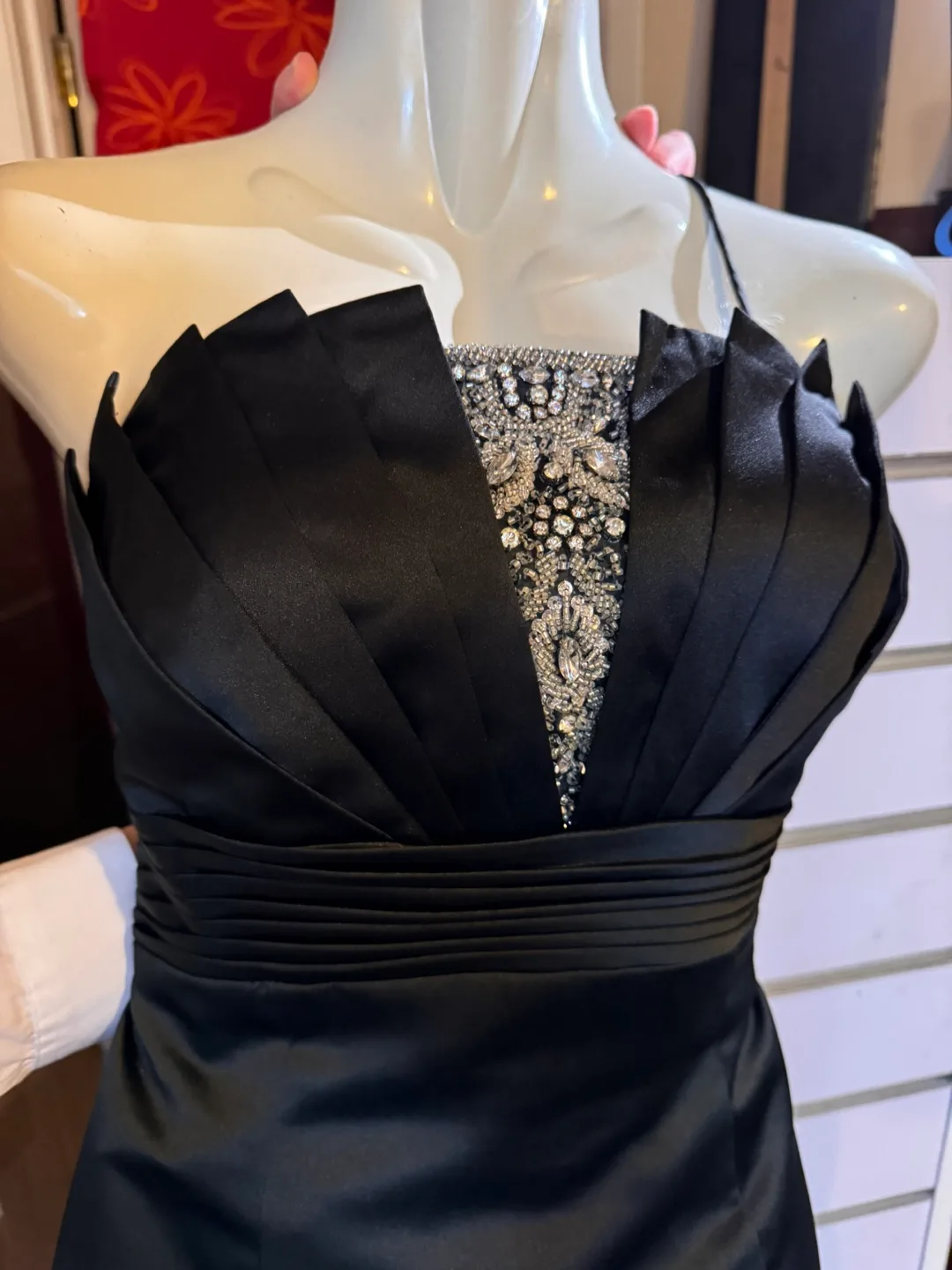 Stunning Black Satin Evening Gown with Rhinestone Detail thumbnail