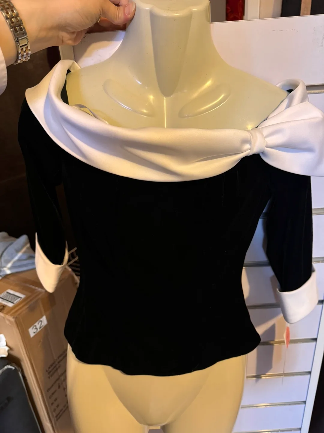 Black and White Velvet Off-the-Shoulder Top - Size Small thumbnail