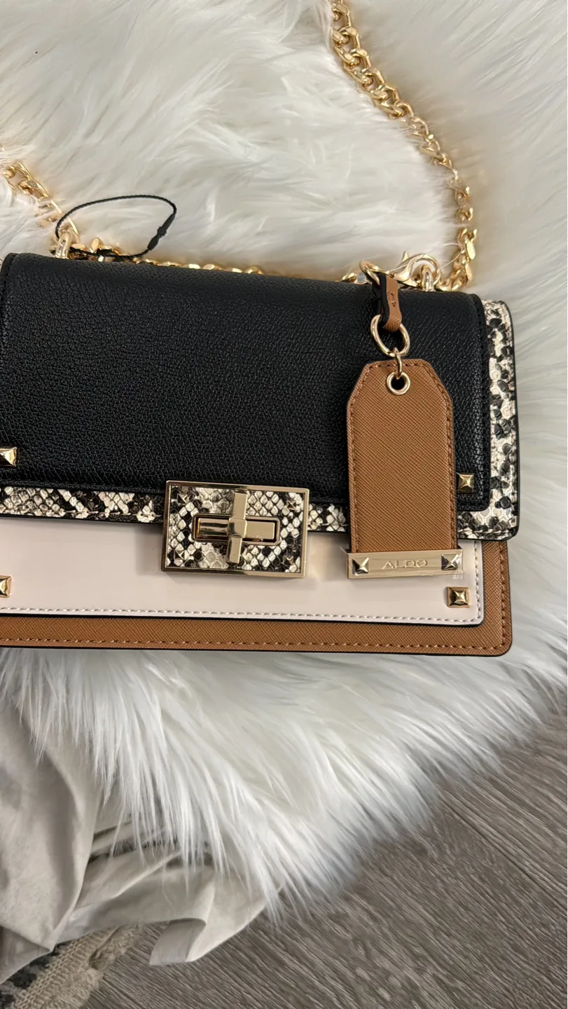 ALDO Black, Beige, and Brown Snakeskin-Trimmed Crossbody Bag thumbnail
