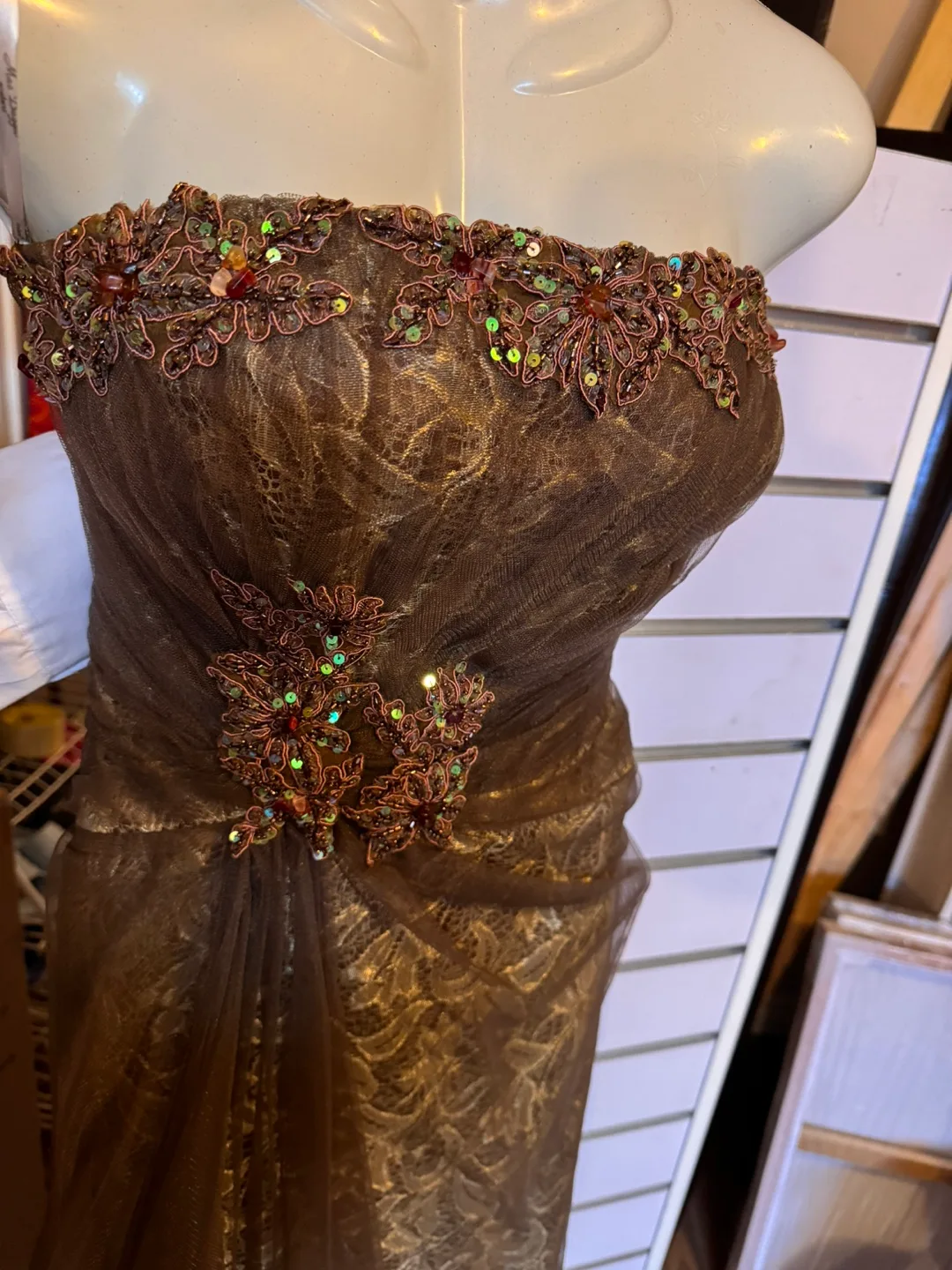 Elegant Floor-Length Brown Evening Gown with Embellishments thumbnail