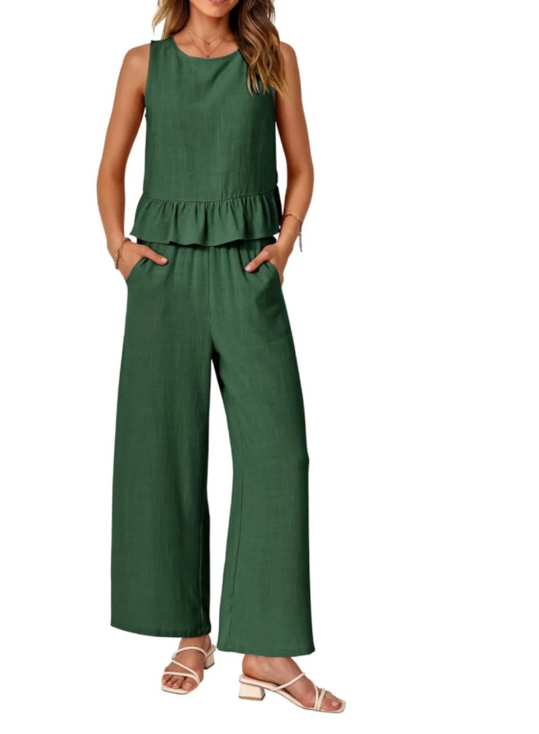 NEW!  Prettygarden Green Linen-Blend Two-Piece Sleeveless Set thumbnail