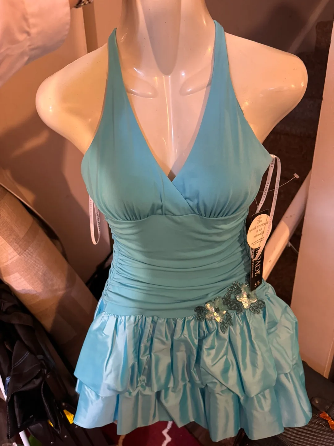 Masquerade Teal Halter Mini Dress Size 5/6 thumbnail