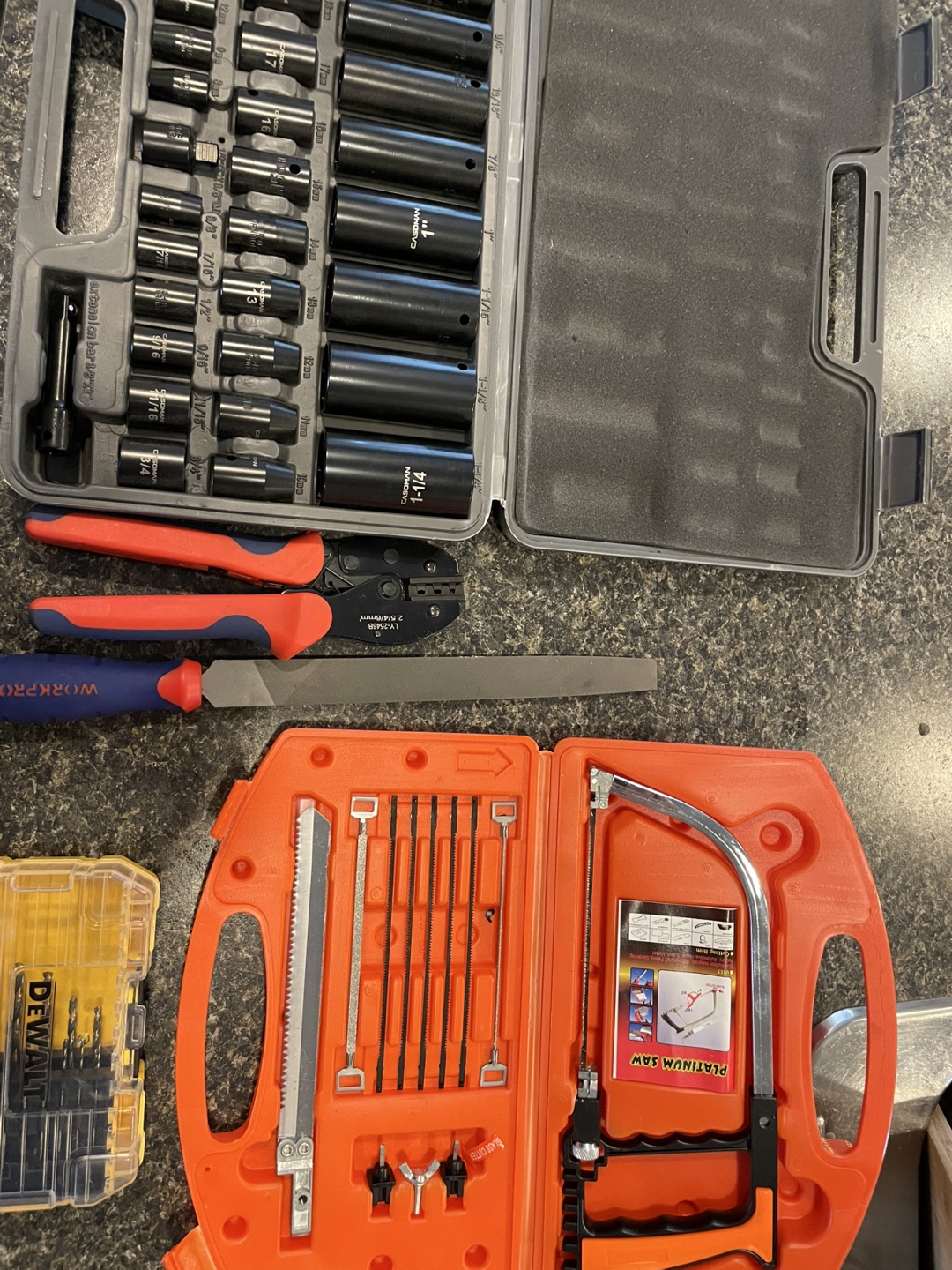 Tool Lot: Socket Set, Wire Strippers, Files, Hacksaw, Drill Bits