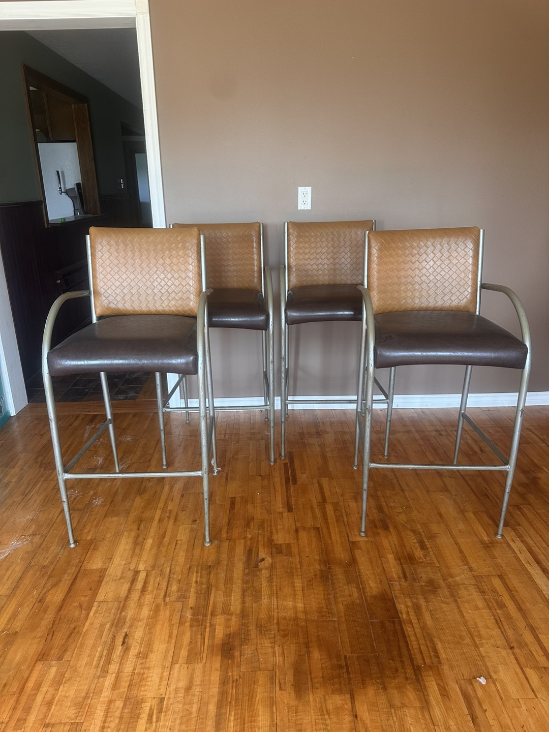 Set of Four Brown and Tan Bar Stools