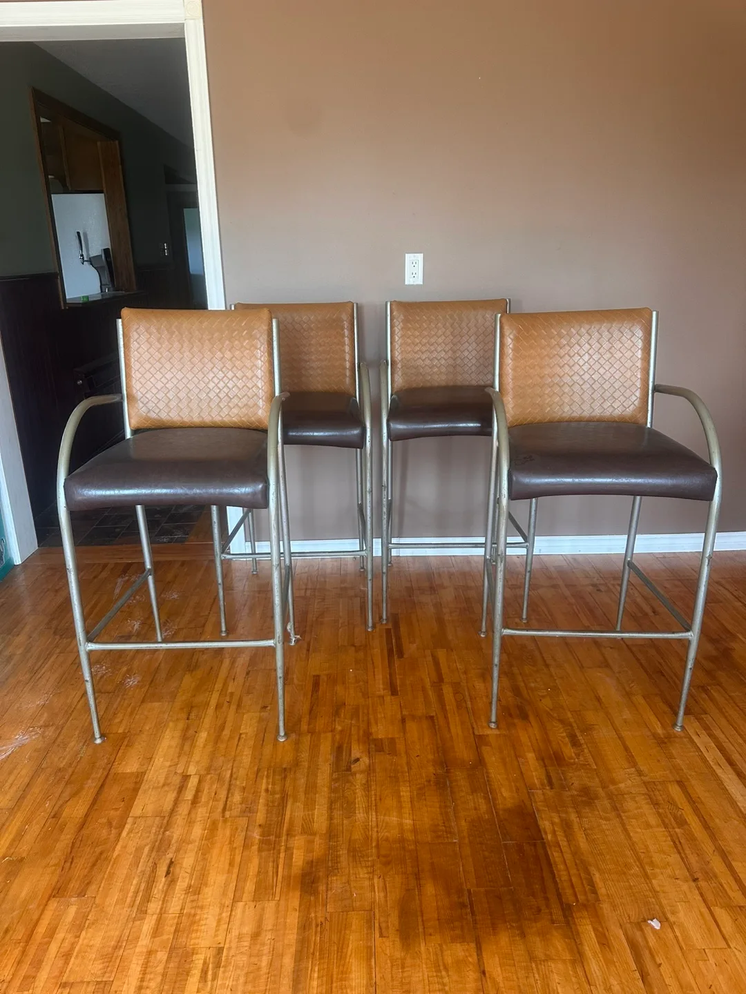 Set of Four Brown and Tan Bar Stools