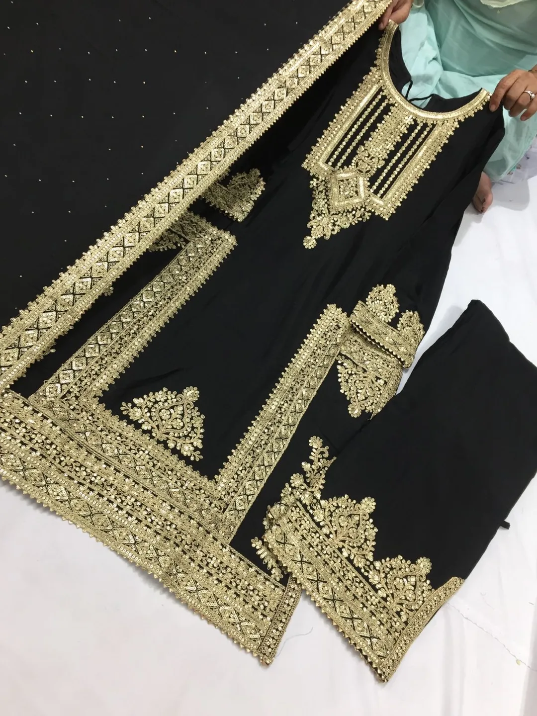 Black Pakistani pant suit  with Gold Embroidery