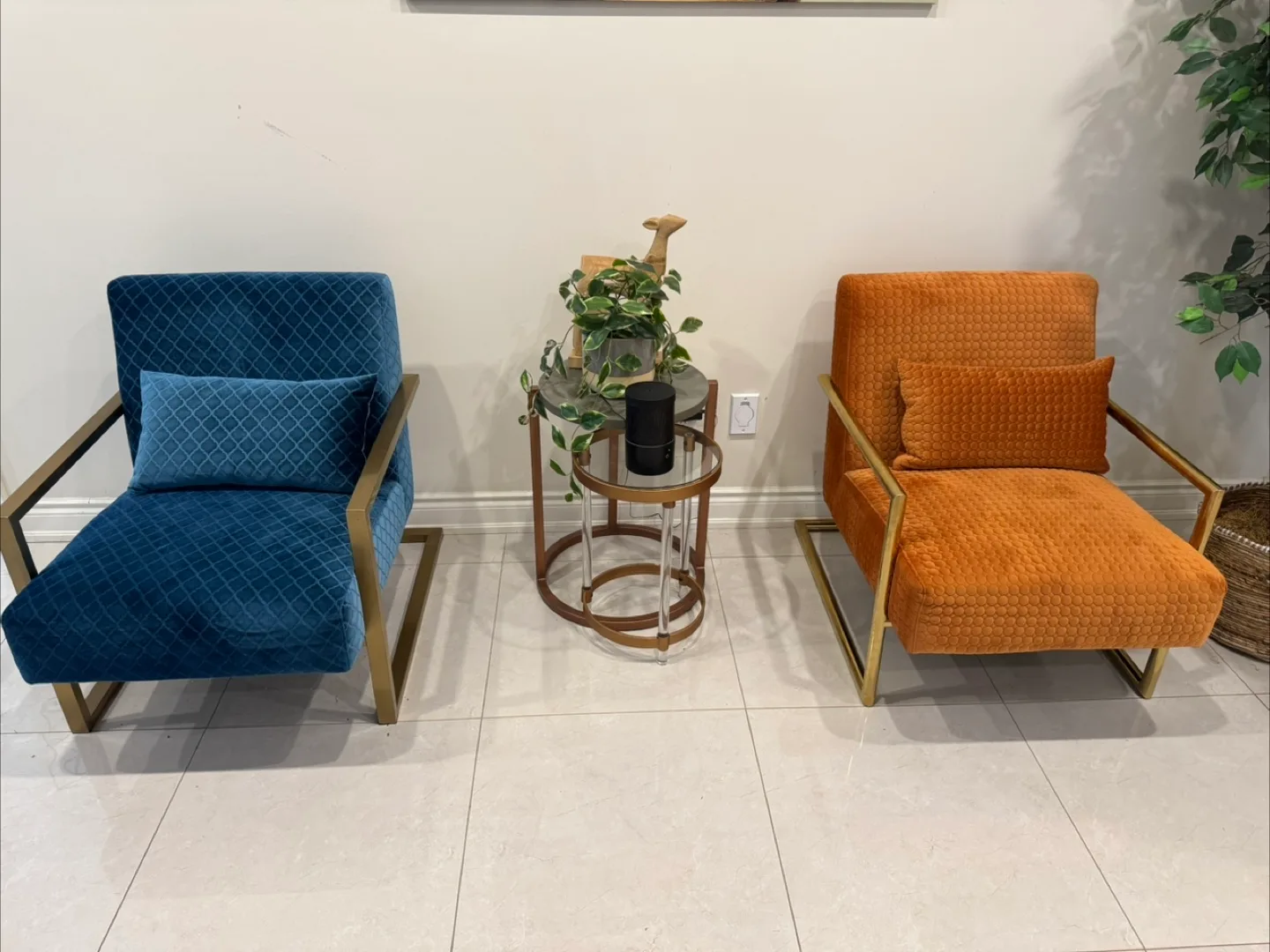 MOVING SALE Pair of Velvet Accent Chairs with Gold Legs thumbnail