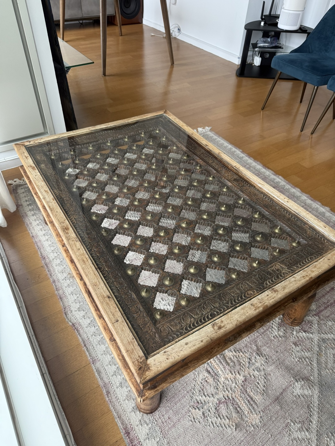 Antique Moroccan Carved Wood Coffee Table with Glass Top - photo 2