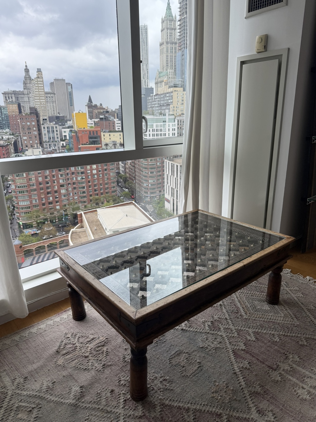 Antique Moroccan Carved Wood Coffee Table with Glass Top