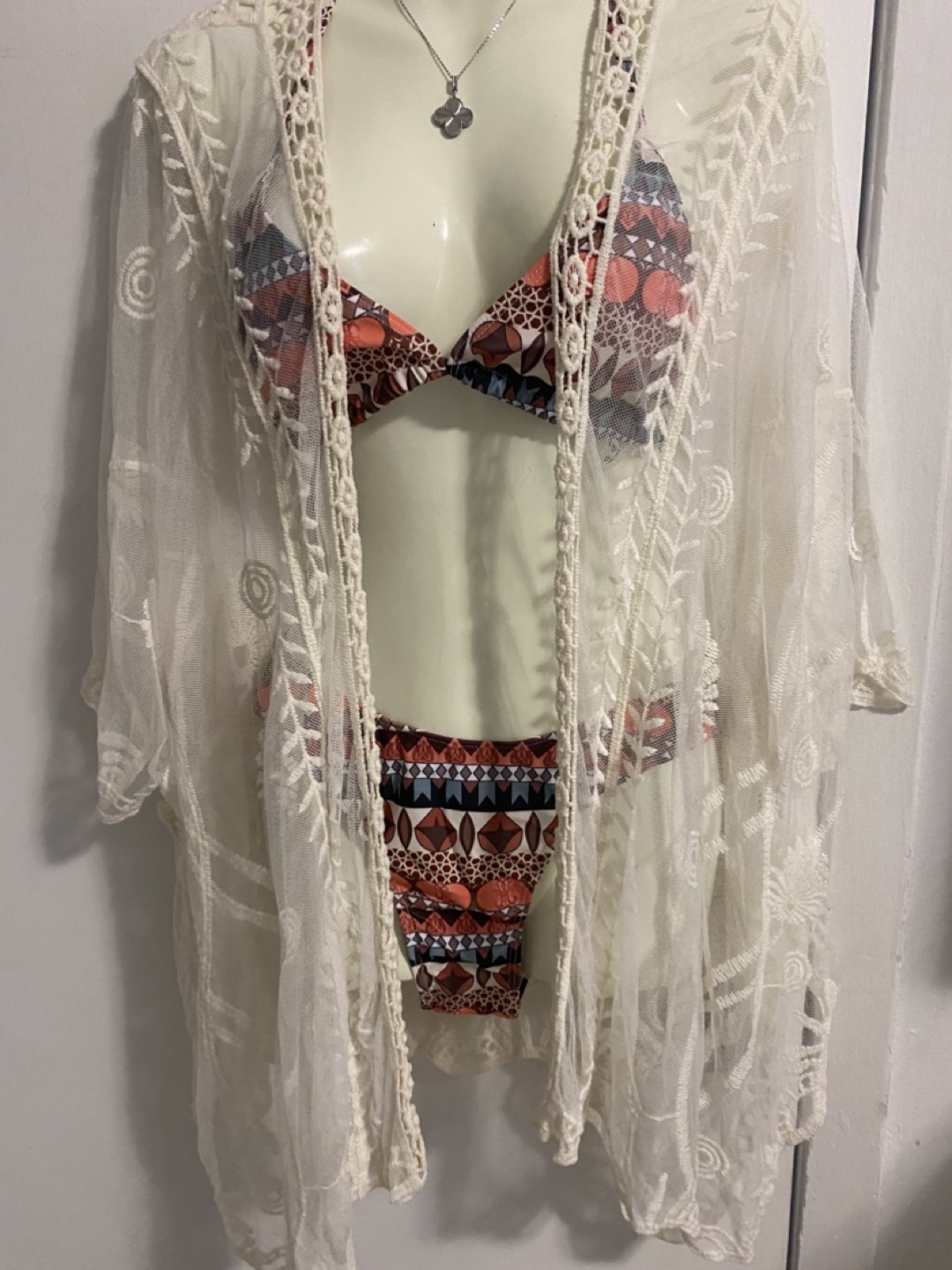 Cream Crochet Beach Coverup and Bikini Set