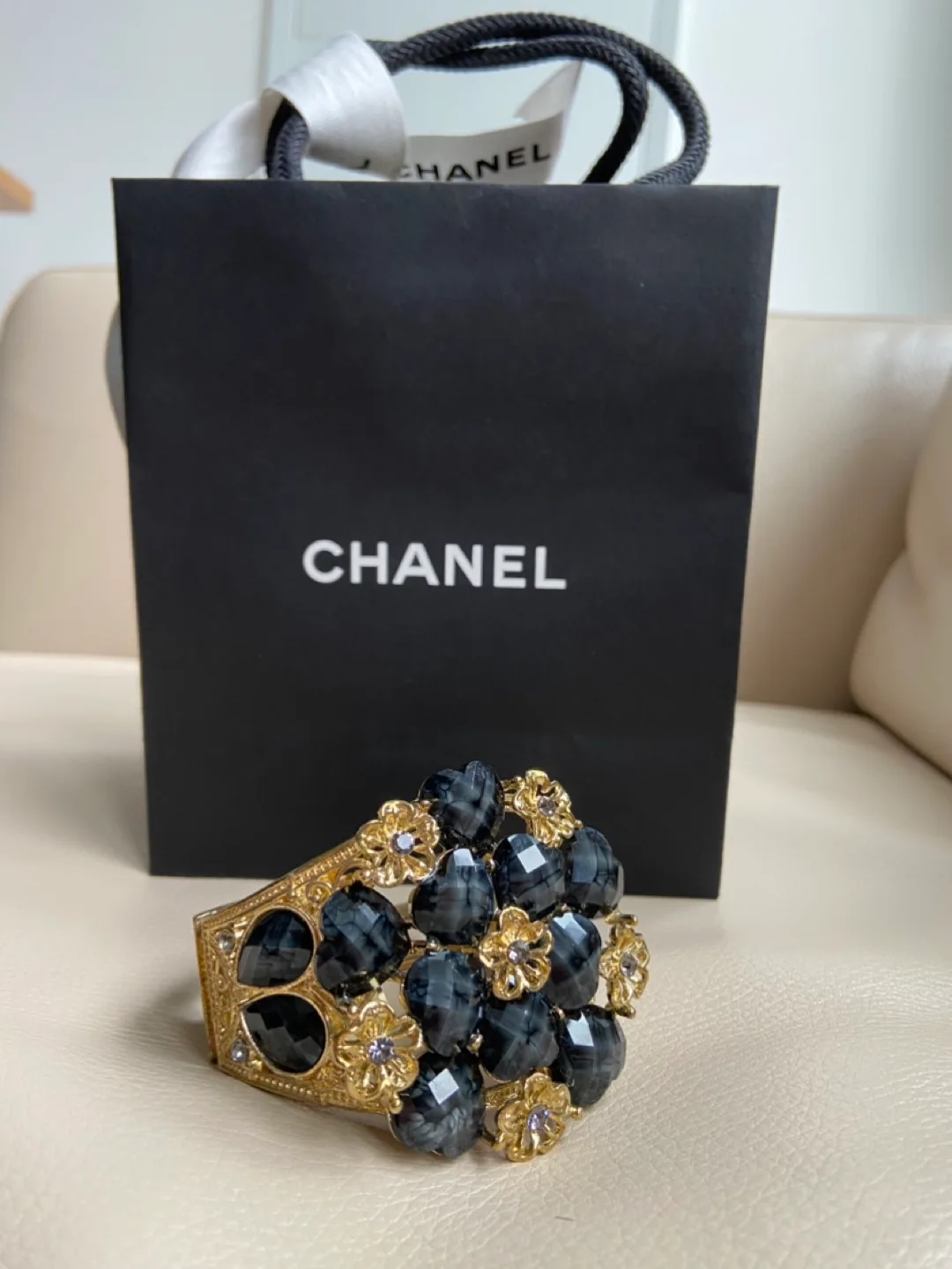 Vintage Gold Tone and Black Stone Cuff Bracelet thumbnail