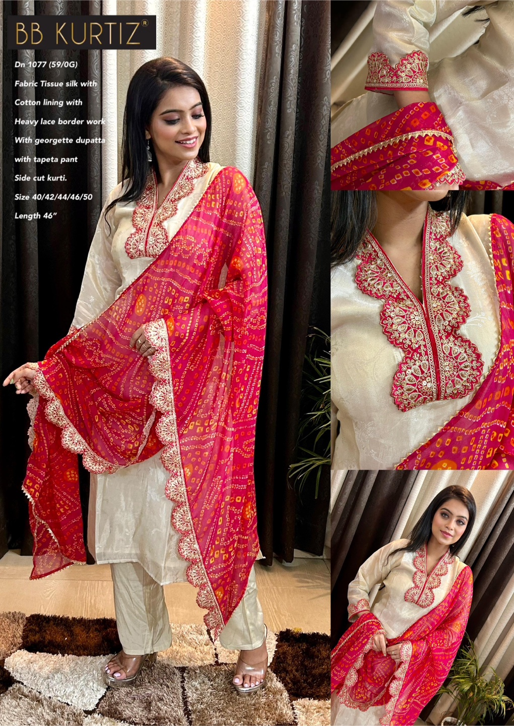 BB KURTIZ Women's Beige Tissue Silk Kurti Set with Pink Dupatta