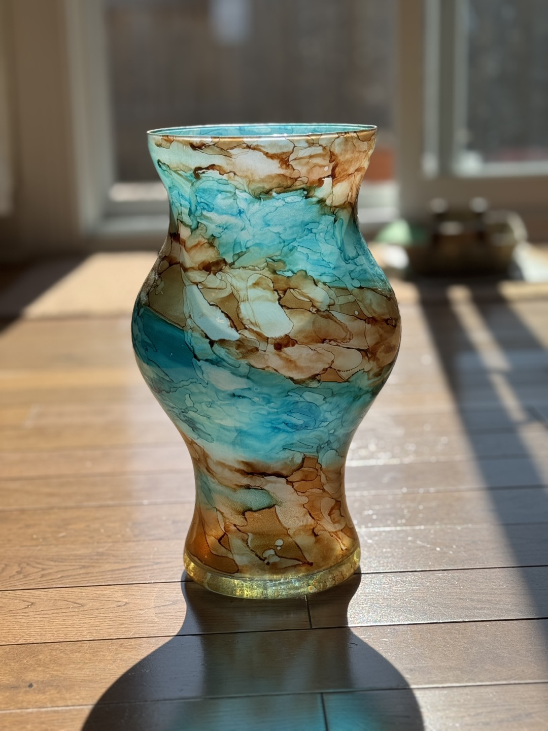 Hand-painted Glass Vase Teal and Brown