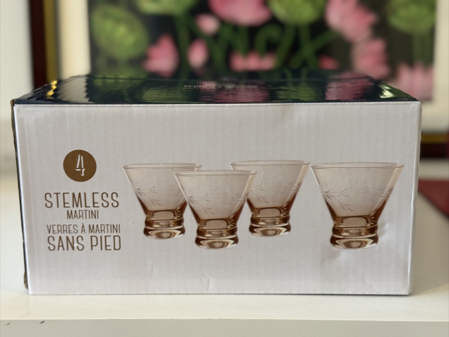Martini Glasses, Pink, Etched Floral Design