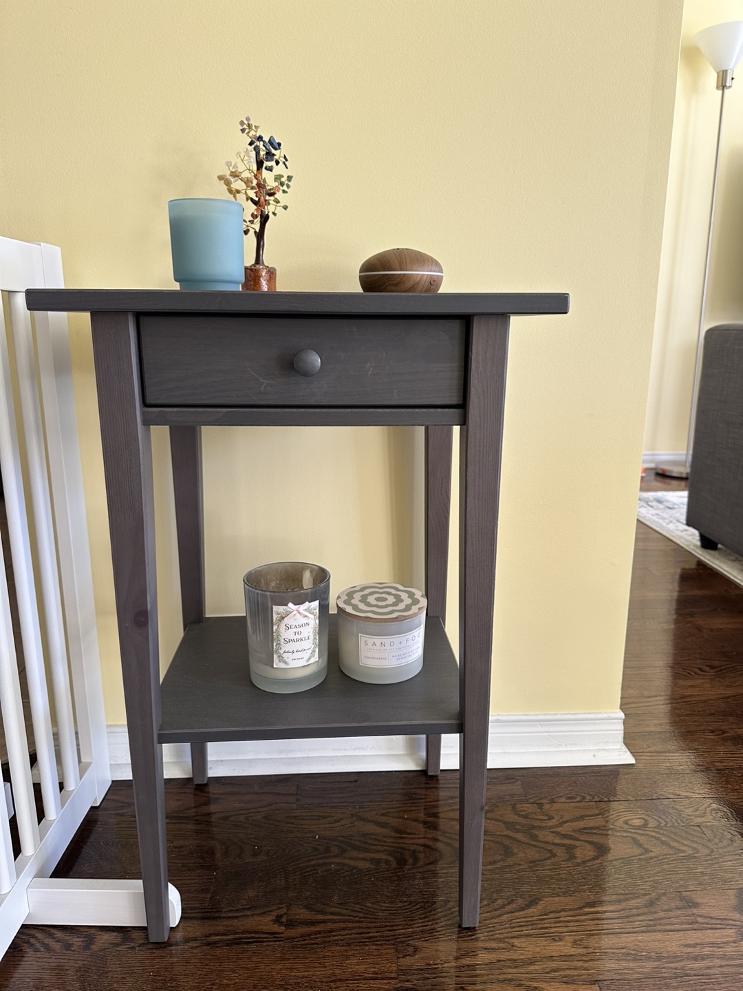 Dark Grey Wooden End Table with Drawer and Shelf