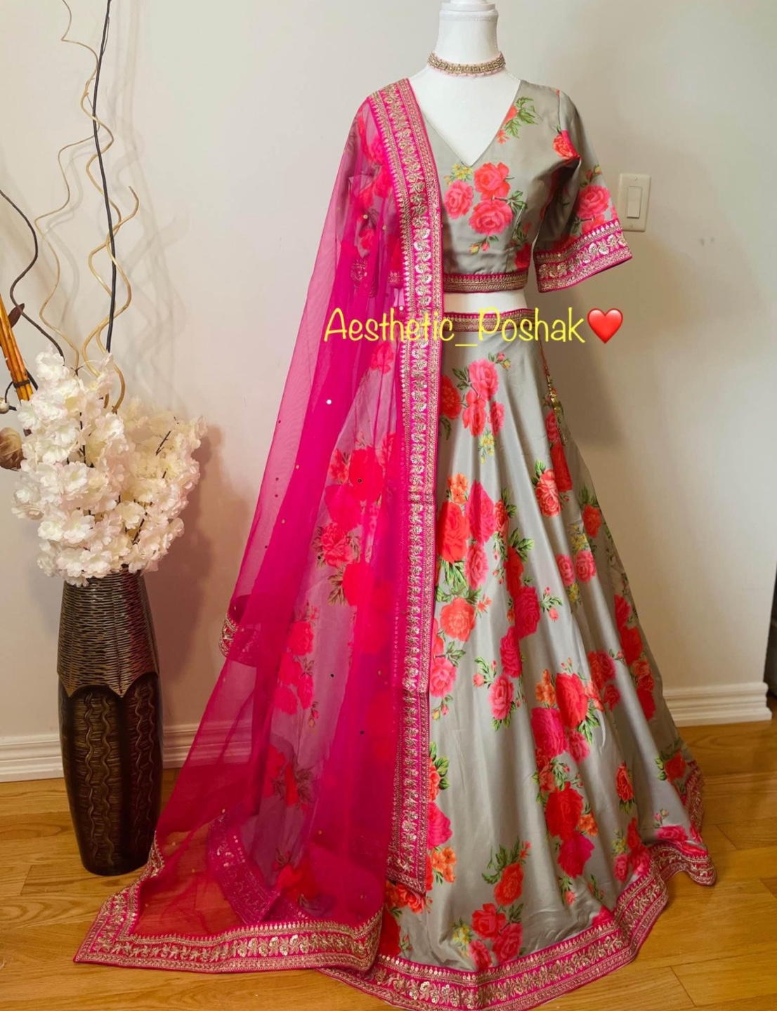 Grey and Pink Floral Lehenga Choli