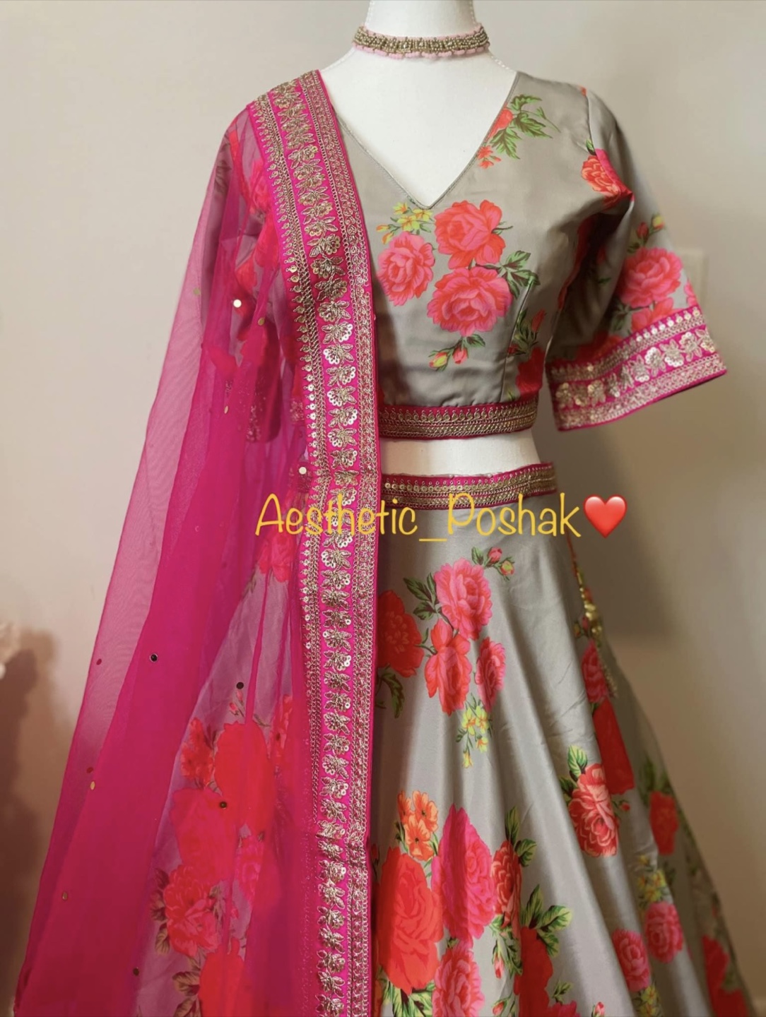 Grey and Pink Floral Lehenga Choli - photo 2