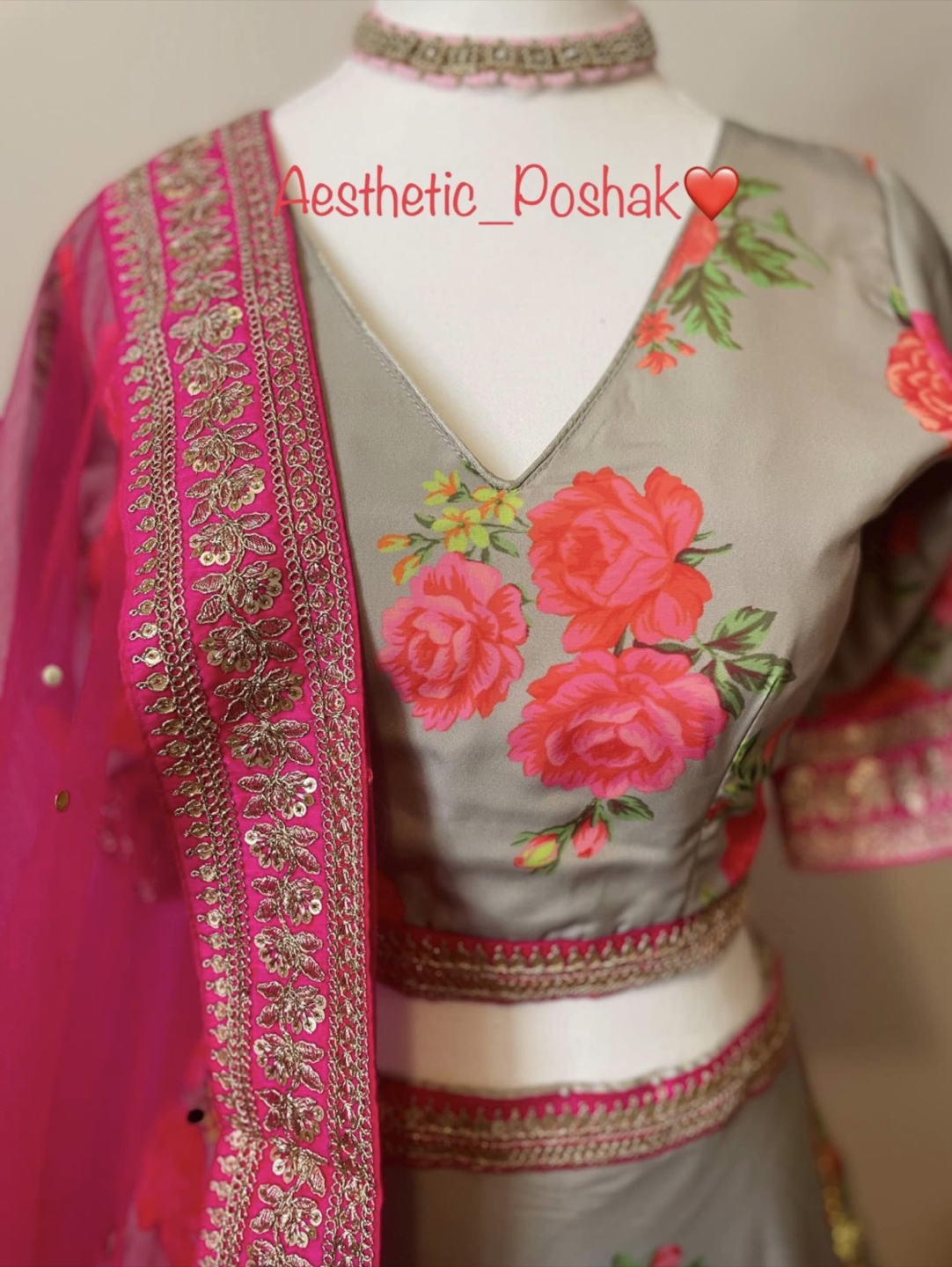Grey and Pink Floral Lehenga Choli - photo 3