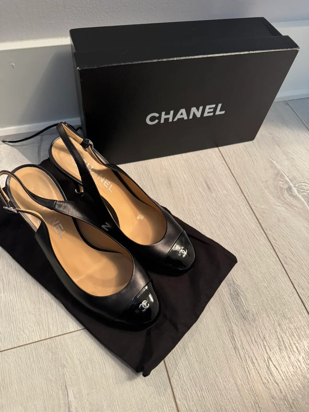 Chanel Black Leather Slingback Heels, Size 37 1/2 image indicator(9)
