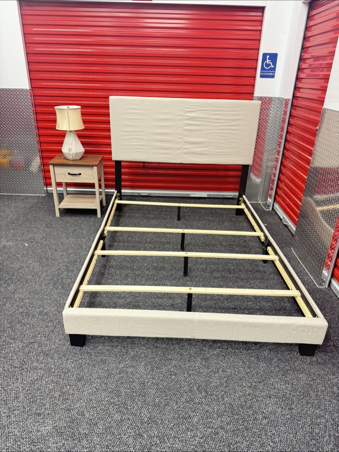 Beige Full-Size Bed Frame with Nightstand