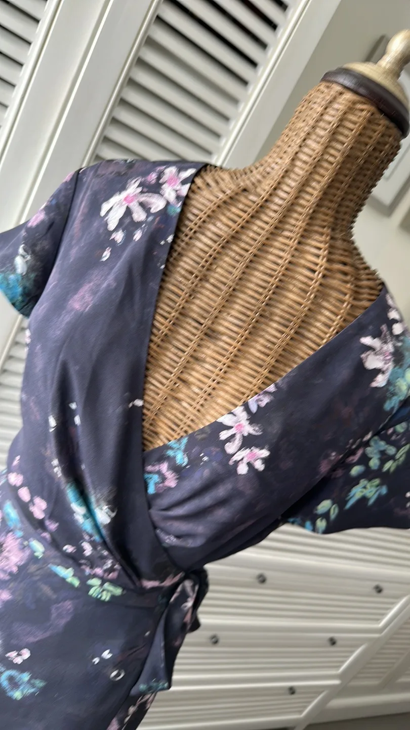 Babaton XS Floral Wrap Dress in Charcoal/Pink/Blue/Green image indicator(5)