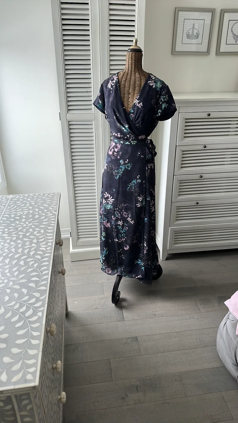 Babaton XS Floral Wrap Dress in Charcoal/Pink/Blue/Green thumbnail
