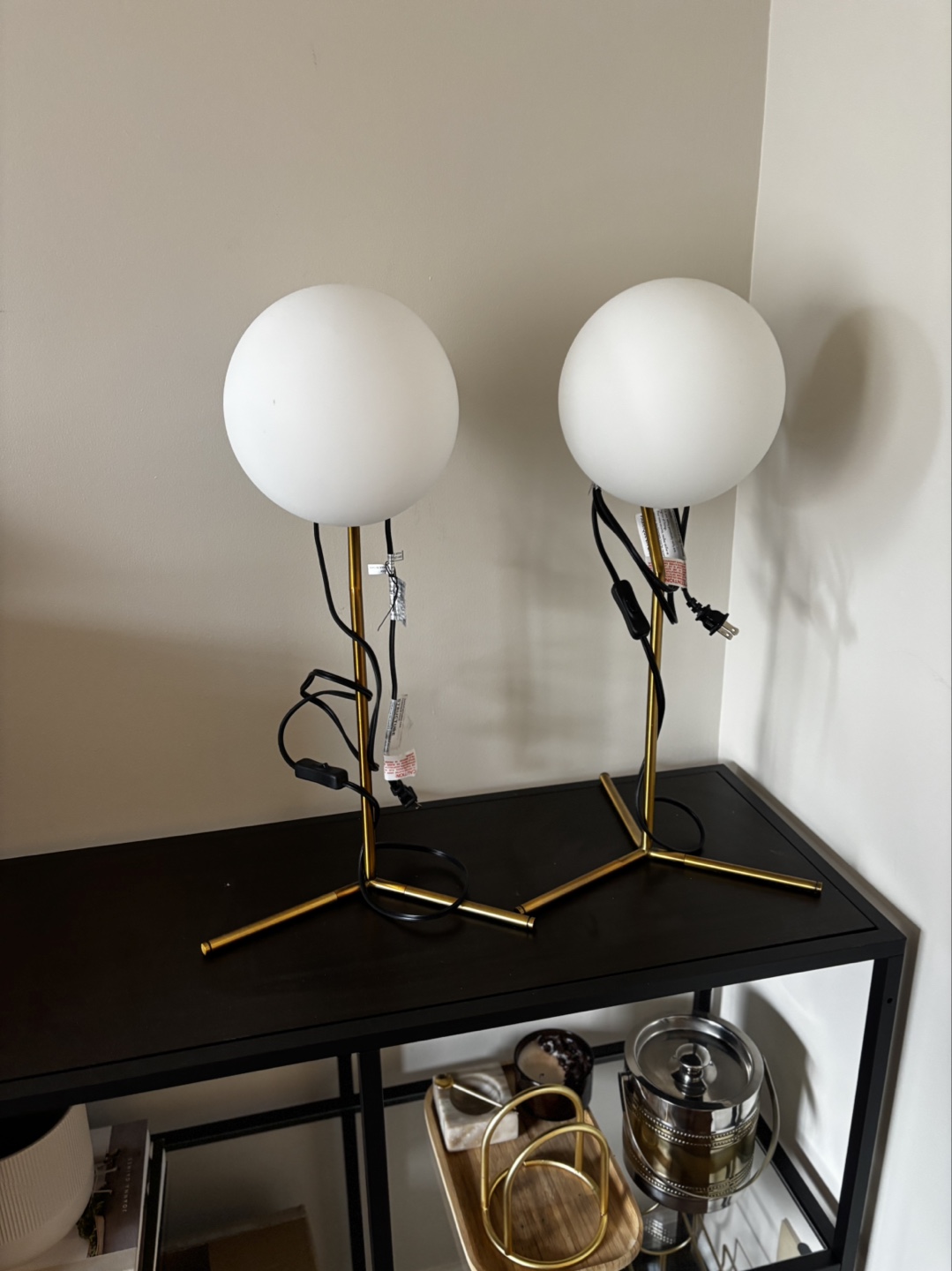 Pair of Modern Gold Table Lamps with White Globe Shades