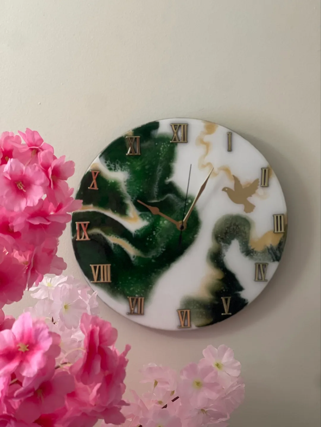 Unique Resin Wall Clock - Green and Gold