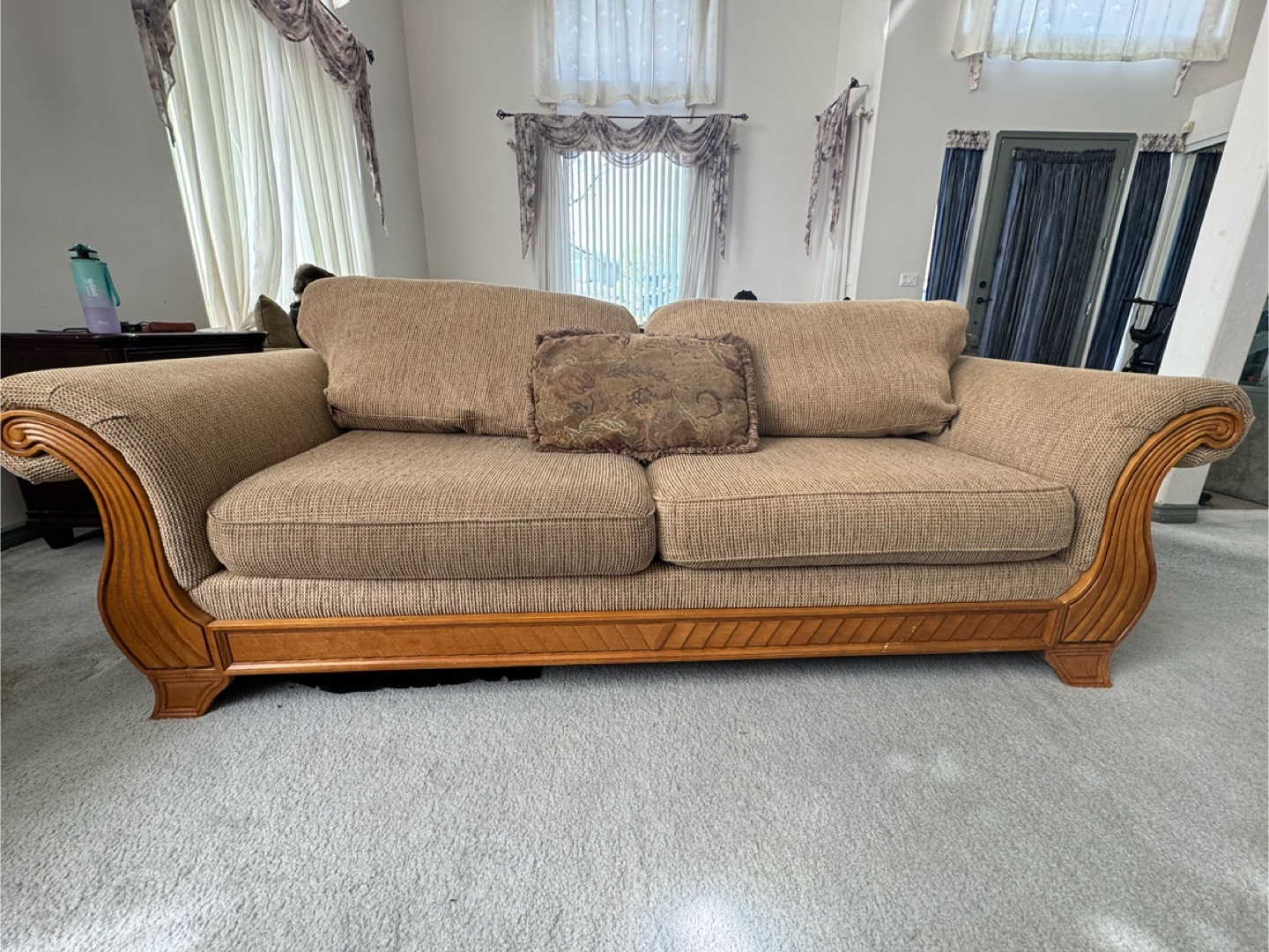 Beige Loveseat with Wooden Accents