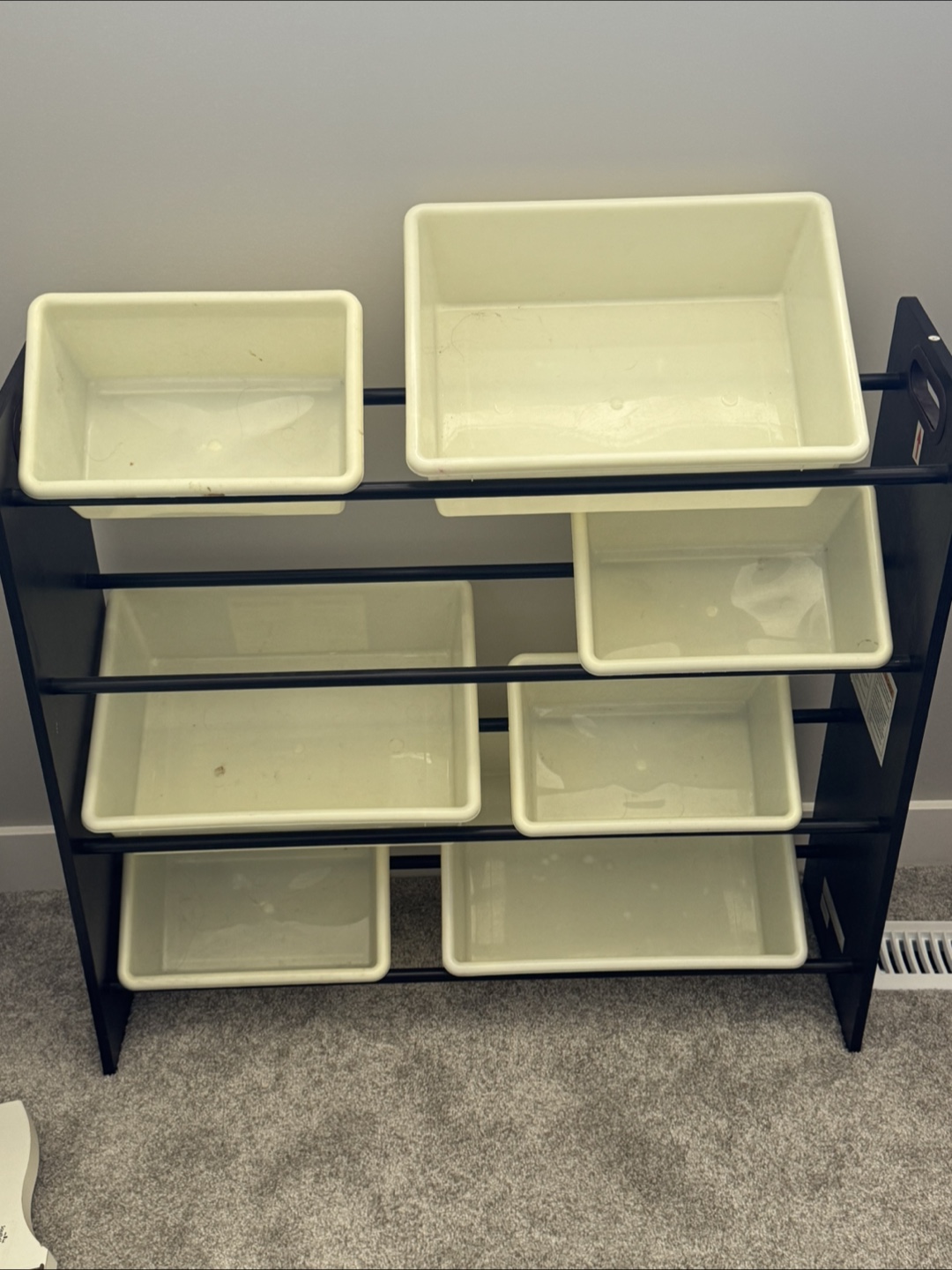 Black Storage Unit with Cream Bins