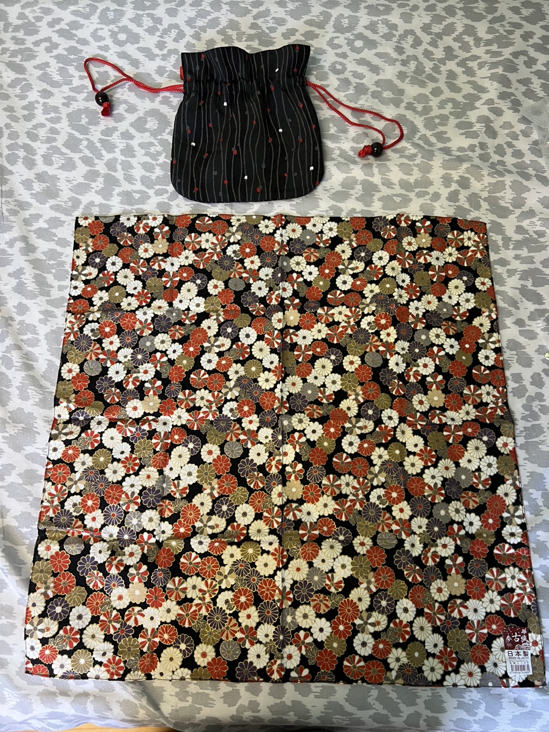 Japanese Floral Handkerchief with Kinchaku Bag