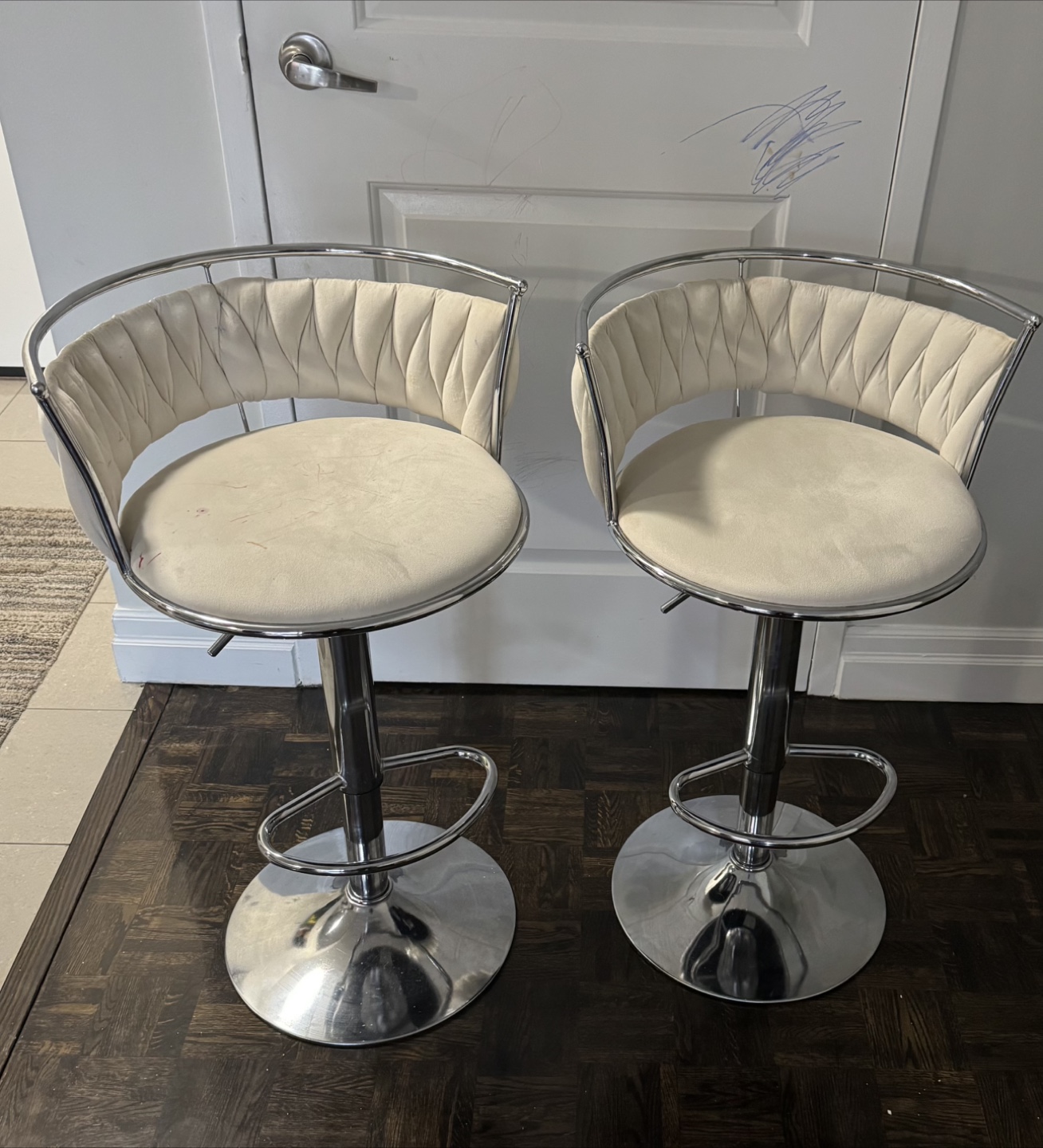 Set of Four Modern Chrome and Off-White Upholstered Bar Stools - photo 2