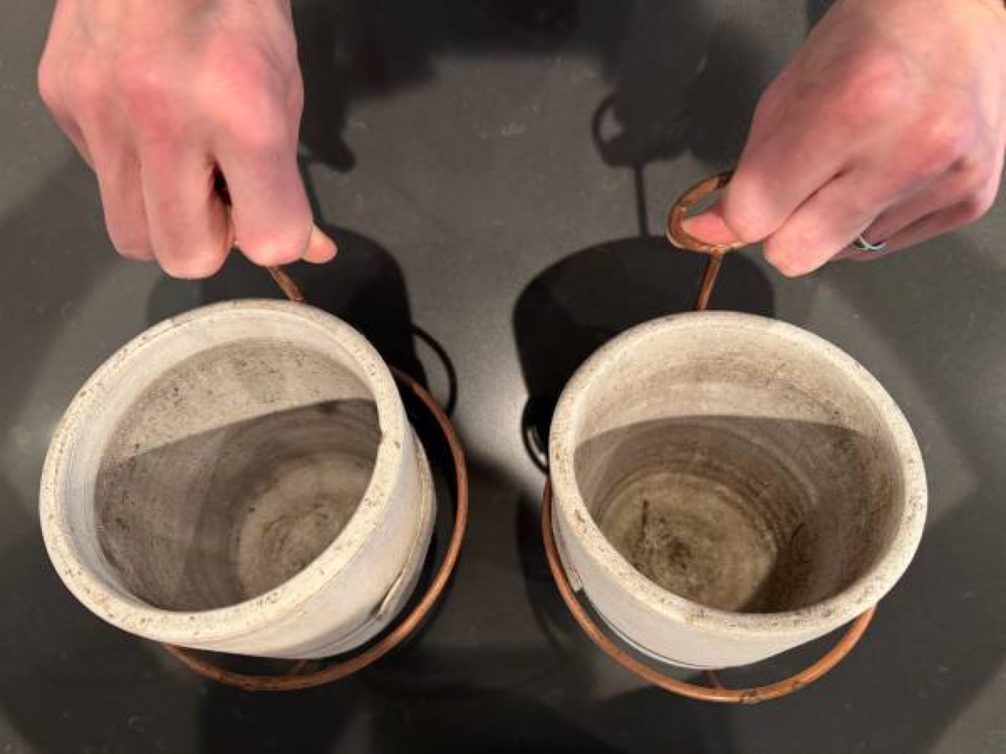 2 White Washed Clay Flower Bell Planters with Copper Wall Mount - photo 4