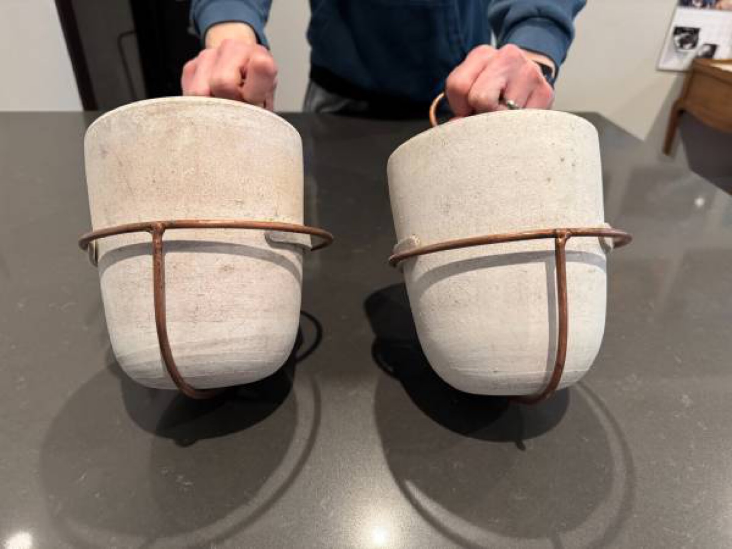 2 White Washed Clay Flower Bell Planters with Copper Wall Mount - photo 3
