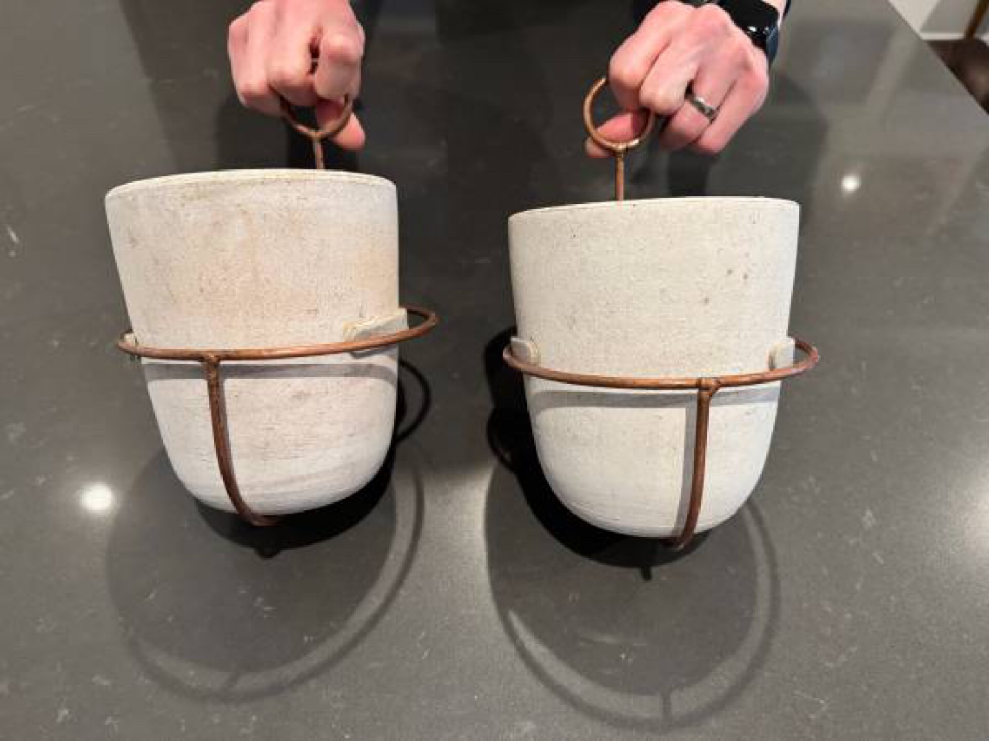 2 White Washed Clay Flower Bell Planters with Copper Wall Mount - photo 2