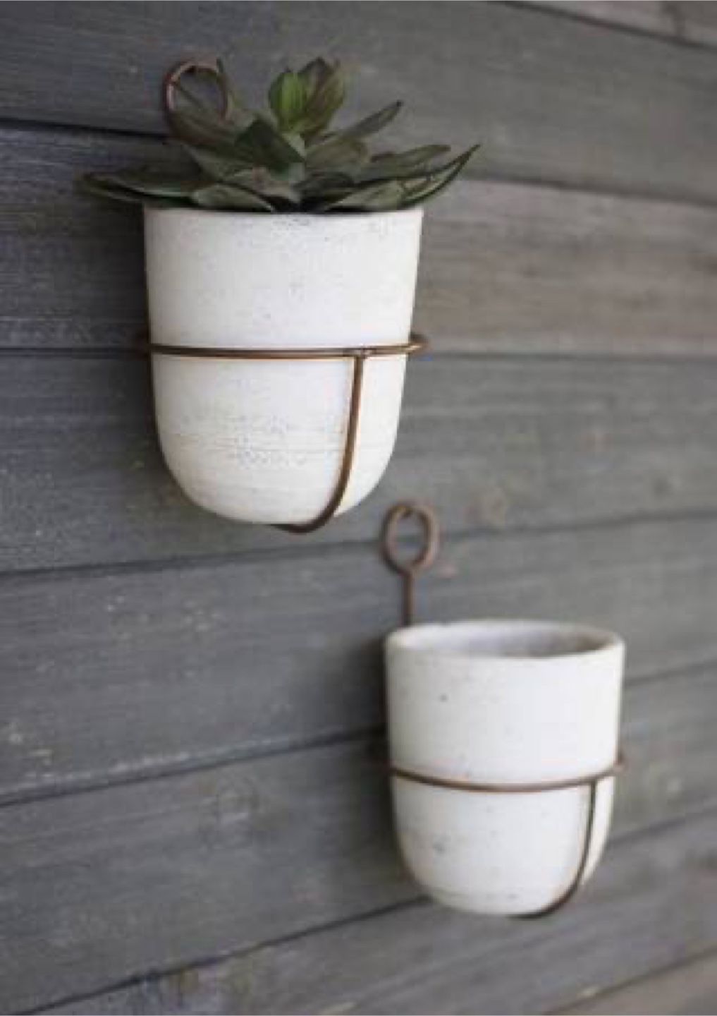 2 White Washed Clay Flower Bell Planters with Copper Wall Mount