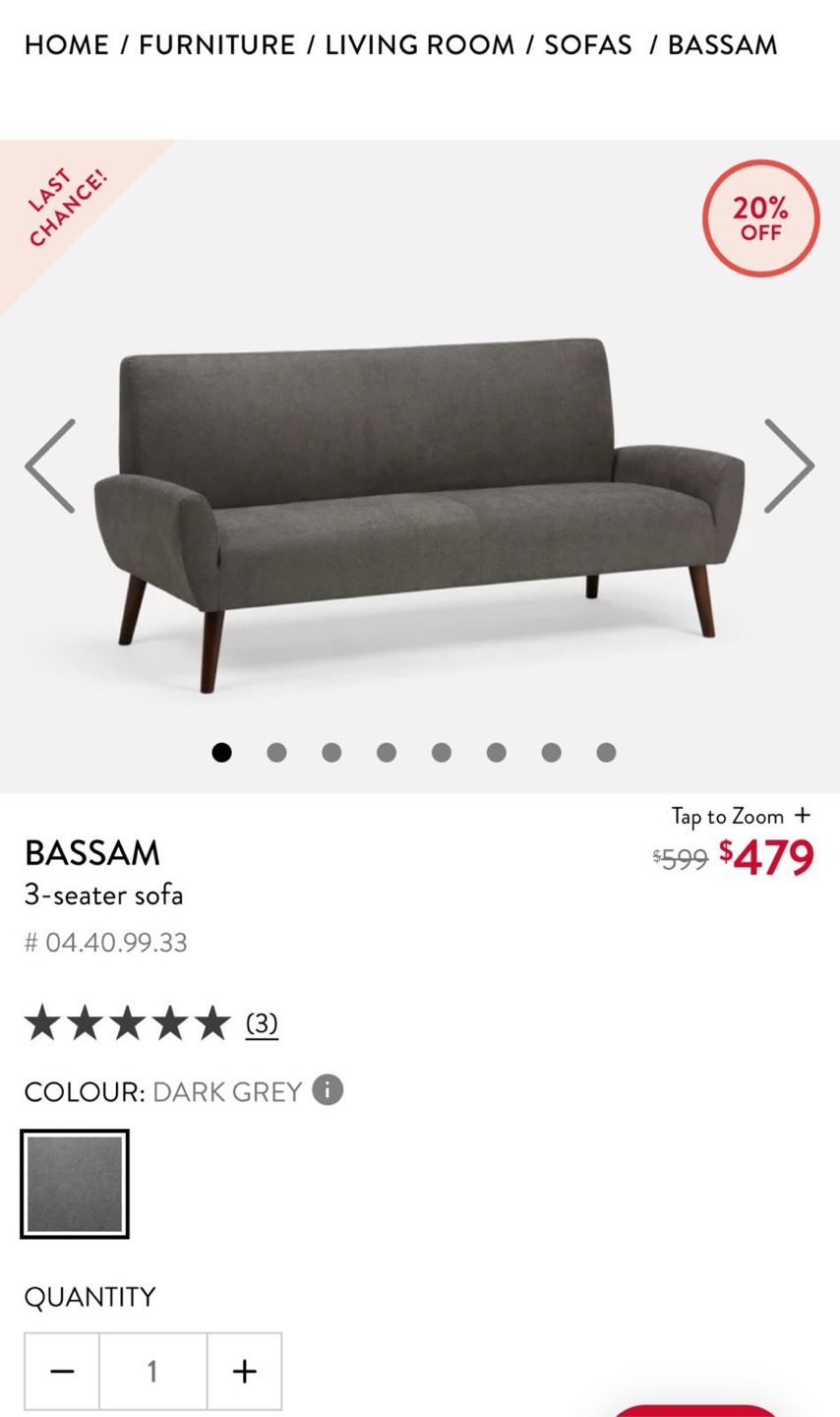 Bassam 3-Seater Sofa - Dark Grey