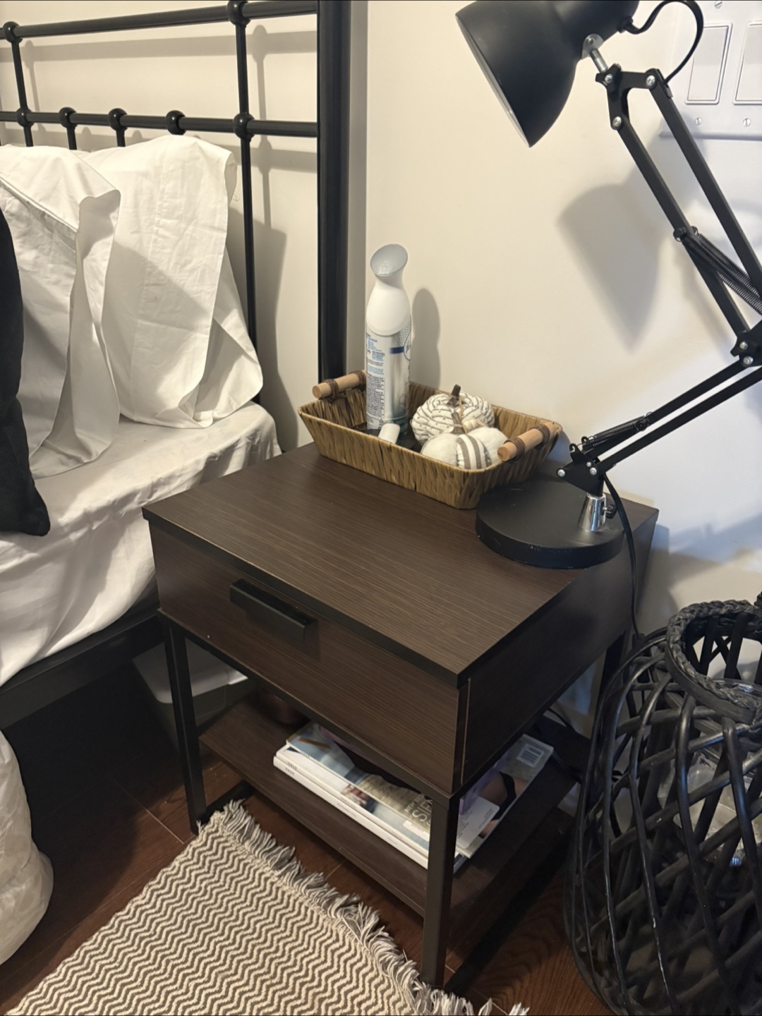 Dark Brown Nightstand with Drawer and Shelf