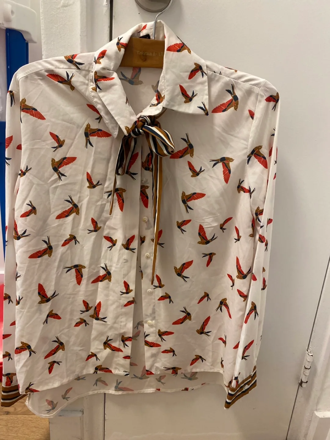 Women's Bird Print Blouse with Neck Tie thumbnail