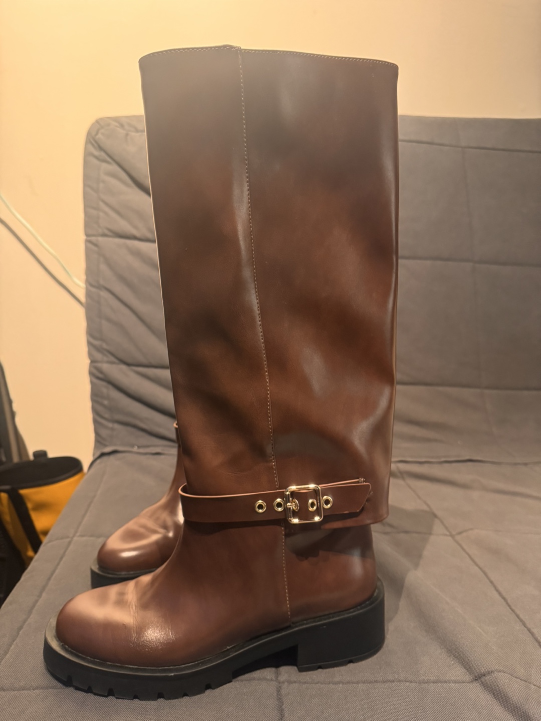 Brown Leather Knee-High Boots with Buckle Detail