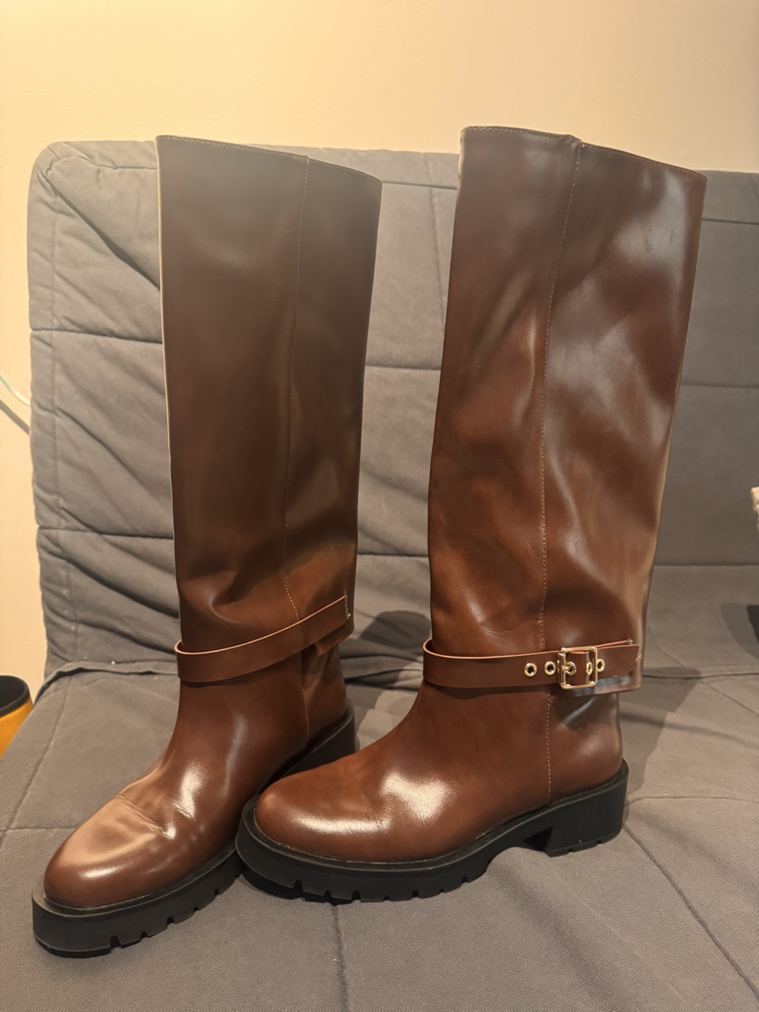 Brown Leather Knee-High Boots with Buckle Detail - photo 2
