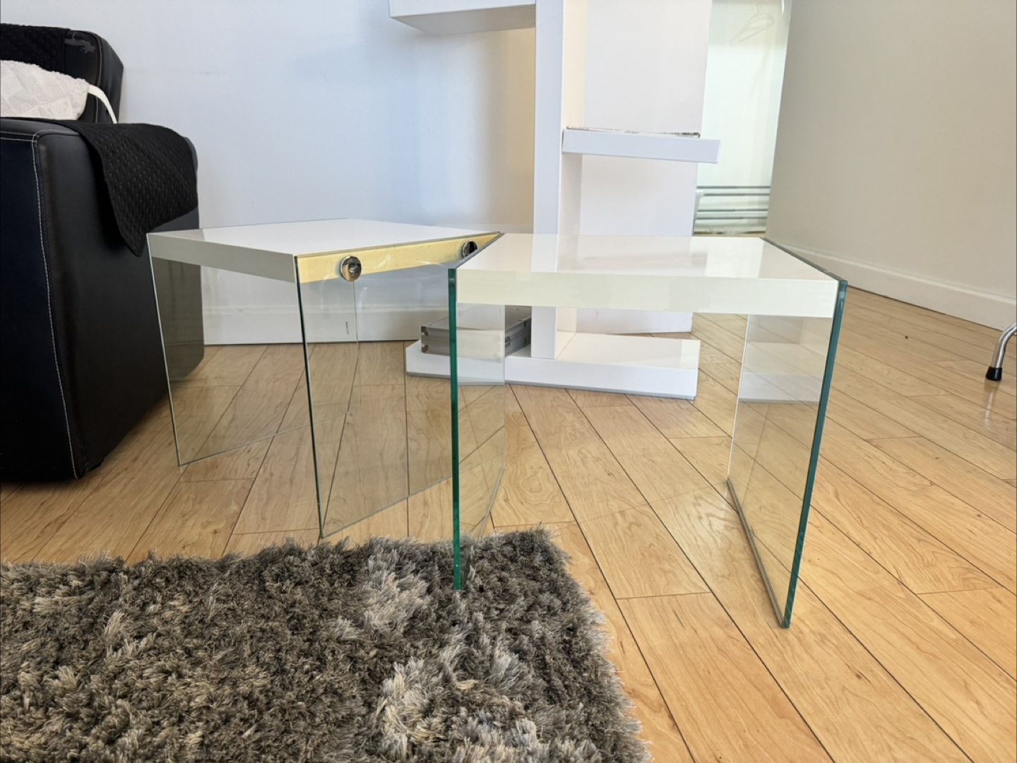 Pair of Modern Glass and White Top End Tables